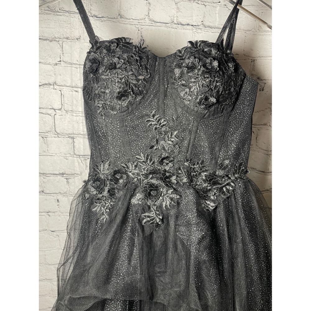 Black Glitter Tulle Gown 3D Floral Corset High Low Prom Formal Dress - Picture 3 of 6